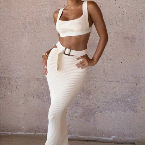 Solid Tie Backless Crop Knit Top & Buckle Waist Cutout Knit Skirt - Picture 1 of 5